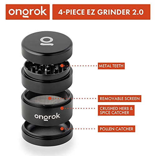 2.5” 4 Piece EZ Herb Grinder, Black by ONGROK | Metal Herb, Coffee, Tea and Spice Grinder w/ Pollen Catcher, Herb Crusher/Shredder, Sharp Teeth, Easy to Clean