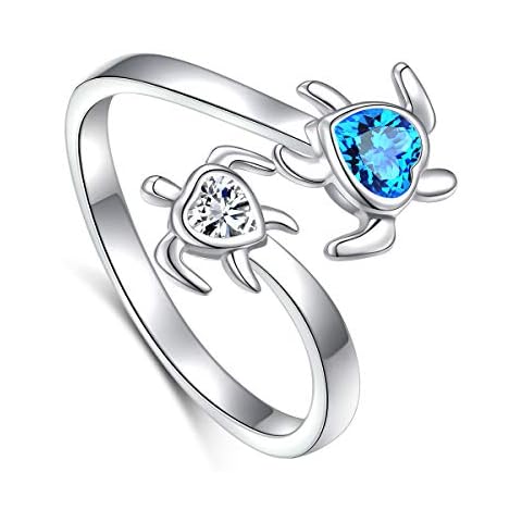 Ladytree S925 Sterling Silver Turtle Animal Open Ring Sea Turtle Heart CZ Adjustable Bypass Nature Ocean Ring Mother's Day Gift,Size 8 Cover