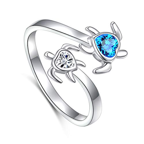 Ladytree S925 Sterling Silver Turtle Animal Open Ring Sea Turtle Heart CZ Adjustable Bypass Nature Ocean Ring
