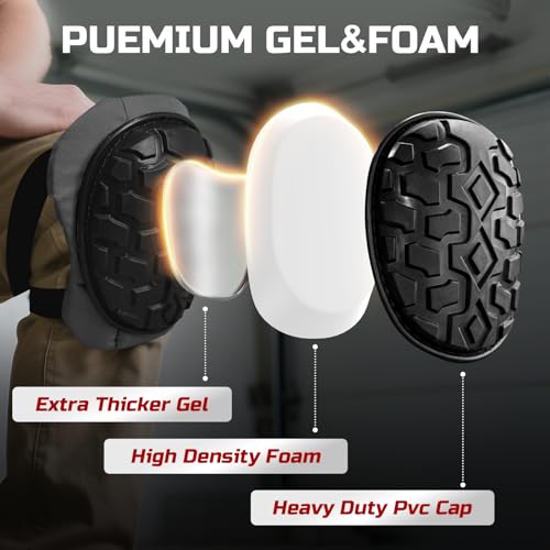 Image of Professional Knee Pads for Work Construction with Heavy Duty Cap Foam Padding Gel Cushion Knee Pads for Men, Comfortable Adjustable Strong Strap, Military Grade Rivet for Flooring Gardening, Grey