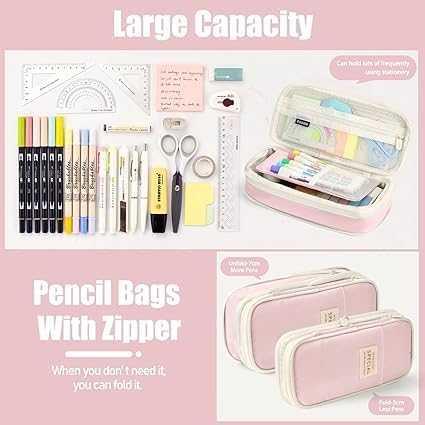 Image of LABUK Large Capacity Pencil Case Pouch, Cute Aesthetic Big Capacity Zipper Cases Pen Portable Office Stationery Makeup Bag, Desk Organizer for College Adults Women Men (Pink)