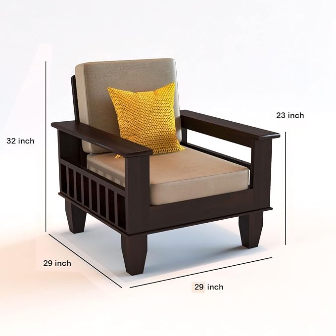 Image of Sheesham Wooden 1 Seater Sofa for Living Room | Rosewood 1 Seater Cushion Sofa with Side Newspaper Holder for Home & Office | Solid Wood Sofa Set for Lounge (Walnut)