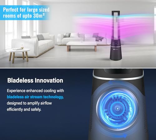 PureMate 2-in-1 Bladeless Tower Fan & air purifier with HEPA Filter, 10 Speed Settings, Portable Ultra Quiet Standing Fan with Remote Control, Digital Display, Powerful Air Cooling for home & office