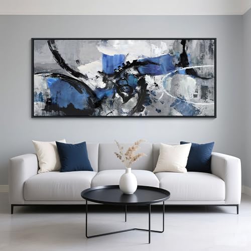 Image of Blue Abstract Wall Art - Canvas Wall Art in Blue and Black Framed Gray Artwork for Living Room, Bedroom and Office Decorations for Work - Modern Wall Decor and Pictures