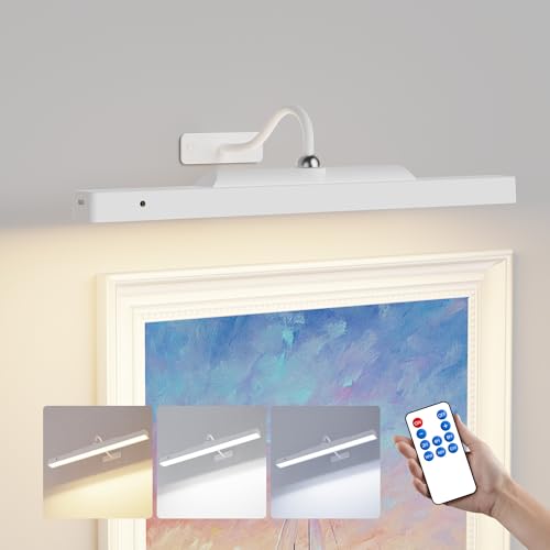 Image of Rechargeable Picture Light for Wall Art White - 3 Color Temperatures,Remote Control & Adjustable Angle Wall Mount Battery Operated Wall Light for Paintings,Gallery,Frames,Photos (13H Runtime, 350LM)