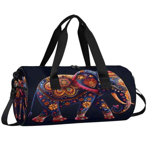 Cartoon Flower Elephant Round Barrel Sports Fitness Bag, Travel Luggage Bag, Reusable Handbag, Suitable For Men and Women