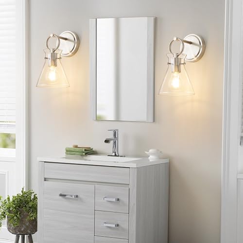 Image of Wall Sconces 2 Pack Vanity Light Fixture for Bathroom Nickel | Wall Mount Lighting Lamp, Farmhouse Wall Lights 6'' Clear Glass, Hardwired for Mirror