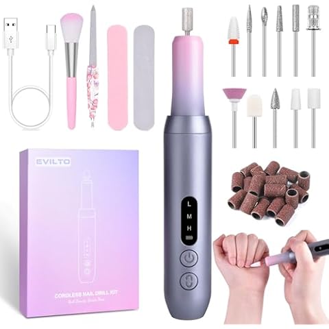 EVILTO Electric Nail Files Cordless, Professional Nail Drill LCD Display with 12 Bits 30000RPM Rechargeable Manicure Pedicure EFile for Gel Nail Polish Acrylic Nails Thick Toenails Removal, Grey Pink Cover