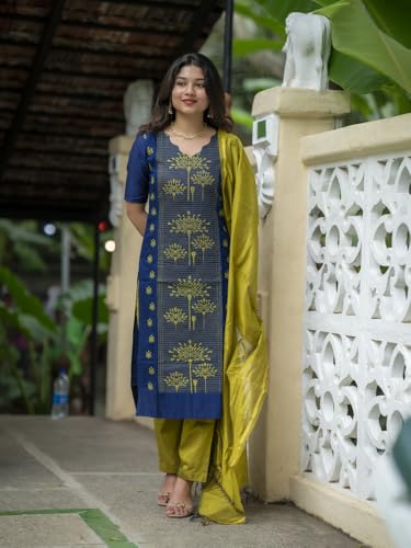Image of GoSriKi Kurta Sets for Women Viscose Blend Printed | Kurta Pant Dupatta Set | Straight Kurti Set for Women | Pan Shape Neck Elbow Sleeve Ethnic Suit | Designer Indian Kurti Outfit with Pants