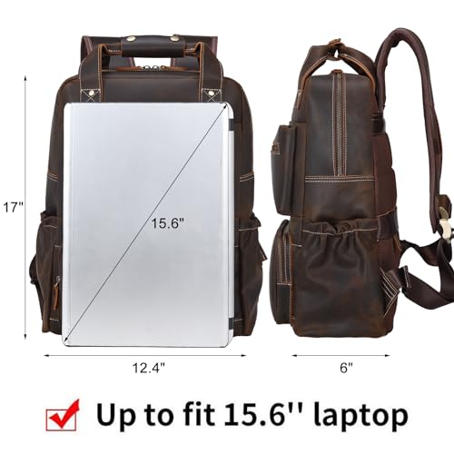 TIDING Vintage Full Grain Leather 17 Inch Laptop Backpack for Men Large Business Travel Daypack Computer Rucksack, Brown - Image 3