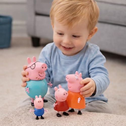 Image of ALCA Peppa Pig Family Toys Set of 4 - George, Mummy Pig, Daddy Pig & Grandparents | Movable Cartoon Figures Dollhouse & Car Play Set | Kids Toy for Boys & Girls 2+ Years | Birthday Return Gift