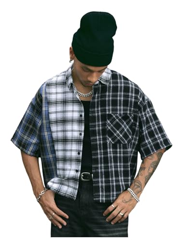 Men's Plaid Oversized Tshirts Color Block Half Sleeve Button Down Tee Shirt Streetwear