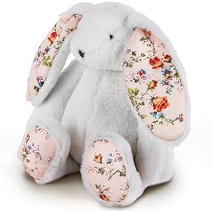 ArtCreativity Easter Blossom Bunny Plush for Kids 12 inches White Plush Stuffed Rabbit with Floral Blossom Print Ears and Feet for Girls Easter Stuffed Animal Gifts for Kids