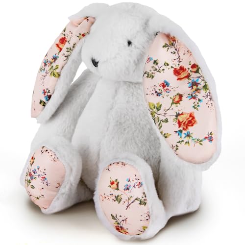 ArtCreativity Easter Blossom Bunny Plush for Kids 12 inches White Plush Stuffed Rabbit with Floral Blossom Print Ears and Feet for Girls Easter Stuffed Animal Gifts for Kids