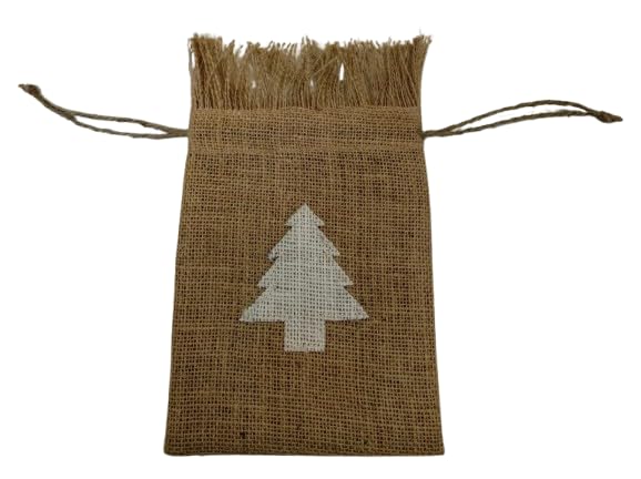 Jute Gift Pouch with Drawstring | Heart & Christmas Tree Printed Burlap Bags | Reusable Small Return Gift Bags for Jewelry, Candy, Party Favors & Decoration (Christmas Tree Print – Fringed Top)