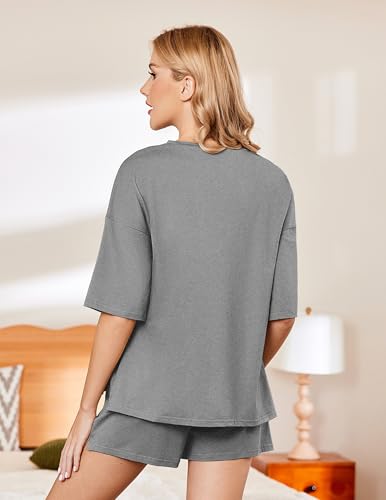 Image of Ekouaer Pajamas for Women Set 2 Piece PJ Soft Comfy Lounge Sets Short Sleeve Tops Shorts Sets Cotton Sleepwear S-XXL