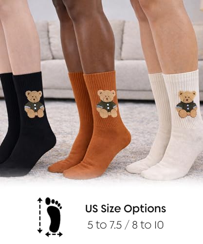 Image of bony&katia Cute Teddy Bear Crew Socks for Women and Men 3 Pairs Set - Soft Breathable Cotton - Gift Idea for Mothers Day