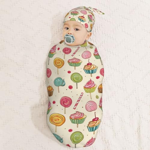 Image of Lollipop and Muffins Newborn Swaddle Blankets Hat Sets Soft Baby Receiving Blanket Swaddle Sack for Baby Shower Infant Boy Girl Gift