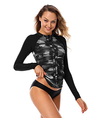 AXESEA Women's Long Sleeve Rash Guard Bathing Suits Printed UV Sun Protection Swim Shirt (US 12(Read Seller Size Chart in Image), Black1)