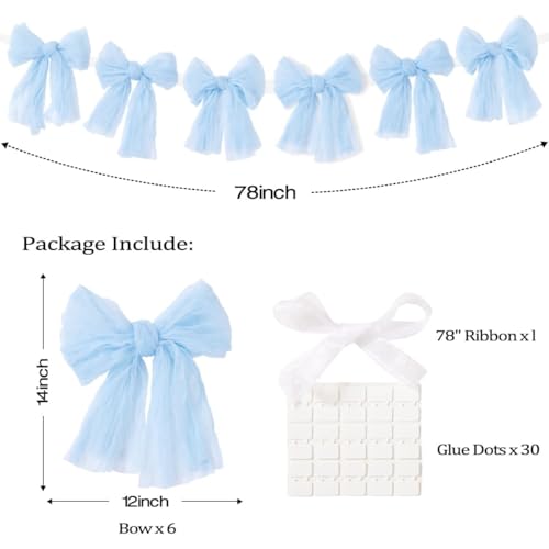 Image of MLMC Baby Blue Bow Garland Banner Handmade Cheesecloth Bow Wreath Party Hanging Decorations for Baby Shower Birthday Wedding Gender Reveal Party Decor