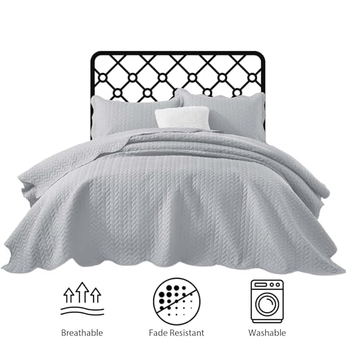 IR Imperial Rooms Queen Quilt Bedding Set Size (90" x 96") + 2 Pillow Shams (20" x 26"+ 2") - 3 Pcs All Season Lightweight Reversible Microfiber Coverlet Embossed Quilt Bedspread (Silver)