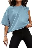 Oversize Crop Tops for Mom 2022 Half Sleeve Drop Shoulder T-Shirts Basic Workout Loose Yoga Tee Shirts Sky Blue XL
