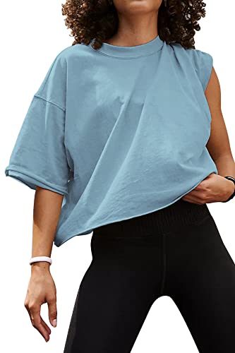 Image of HUGOOME Womens Oversized Workout Crop Top Casual Short Sleeve Boxy Roll Hem