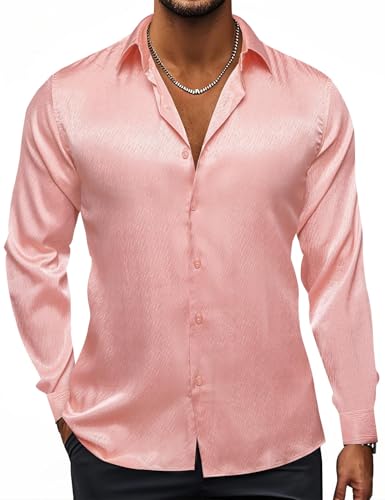 Image of Hi-Tie Men's Silk Satin Dress Shirts Long Sleeve Shiny Casual Button Up Shirts Luxury Party Disco Prom Wedding Shirt