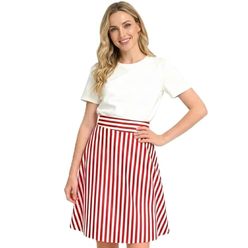 Jupe midi évasée à rayures rouges et blanches pour femme avec taille élastique
