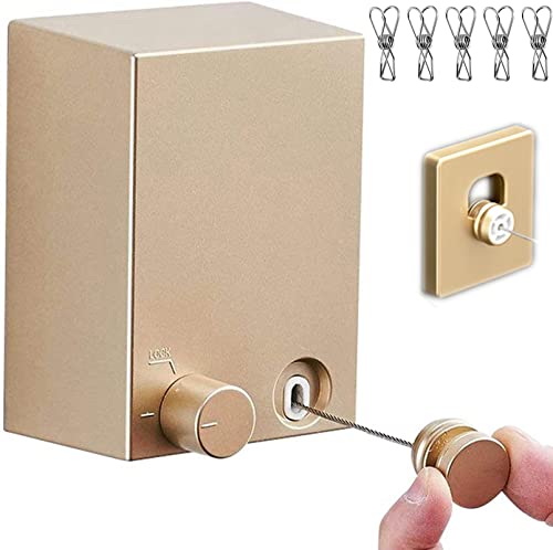 ABHILWY Retractable Clothesline Clothes Line Retracting Outdoor/Indoor, Heavy Duty Stainless Steel Adjustable Drying Rope Wire Dryer with ABS case+Aluminum, Self Adhesive Wall Mount 13.8 Feets Golden