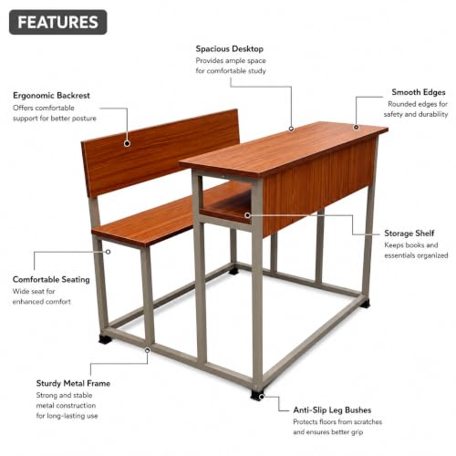 Image of ALKOSIGN Dual Student Bench 100 CM with Shelf -(Natural Teak) | Prelam Particle Board Top, Beige Powder Coated Frame, Seats 2 Students