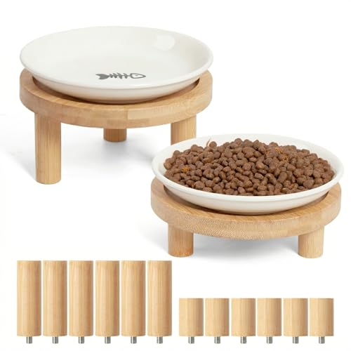 Shallow Elevated Cat Bowls, 2, White (Fish Bone), Bamboo Stand