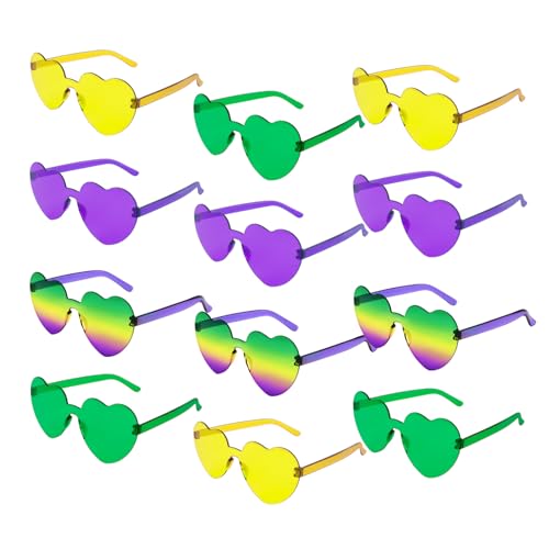 Moikolok 12PCS Heart Sunglasses Bulk Yellow Green and Purple Gradient Party Favors Rimless Heart-Shaped Glasses Bulk