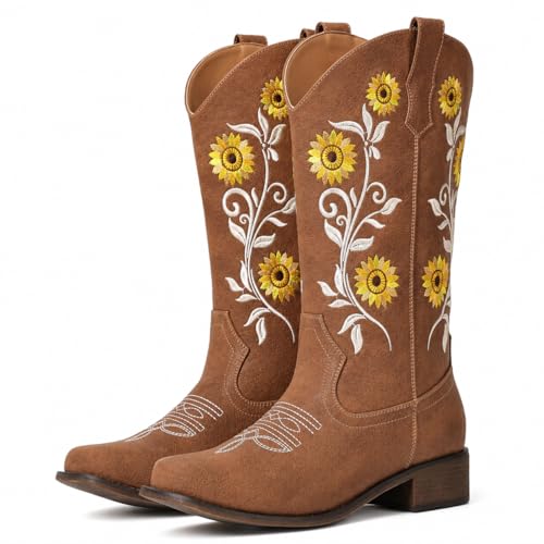 IUV Cowboy Boots For Women Sunflower Square Toe Mid Calf Western Pull On Fashion Cowgirl Boots