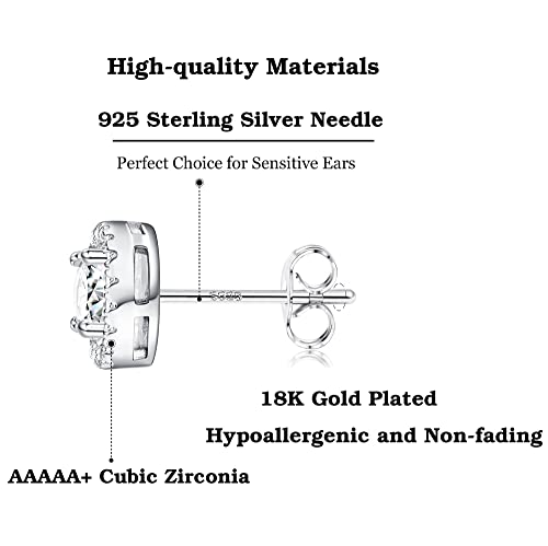 1-2 Pairs 925 Sterling Silver Mens Earrings Cubic Zirconia Halo Stud Earrings for Men 18K Gold Plated Heart/Round/Square Cut CZ Stud Earrings Set for Women Men3