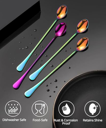 Image of Long Handle Iced Tea Spoons, 9 inch 18 /10 Stainless Steel Cocktail Stirring Spoons with Thickened Ergonomic Handle, Tall Coffee & Latte Stirrers, Dessert Spoon Set, Dishwasher Safe (9 IN)