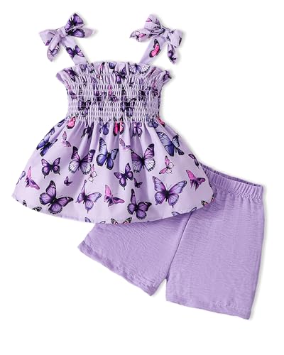 PaPaai Sara 2T Girl Clothes Toddler Girl Outfits 3T Girls Clothes 2-3T Summer Purple Straps Bowknot Cute Butterfly Pattern Tops Matching Solid Shorts Cute Little Princess 2 Piece Outfit Set