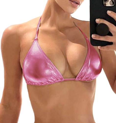Womens Metallic Bikini Top - Halter Shiny Triangle Bralette Rave Tops Tie Side Swimsuit Bra(051Top Pink S)