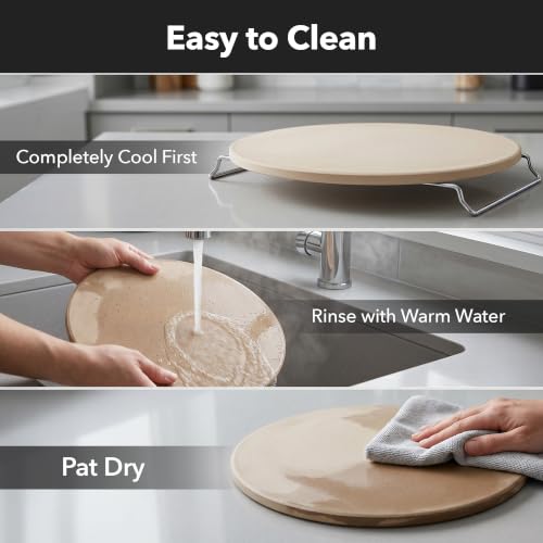 Image of OVENTE 13 inch Round Pizza Stone for Oven and Grill, Beige BW10132 | Heat Resistant Flat Ceramic w / Cutter Wheel, Metal Rack Stand, Ideal for Making Crisp Crust Flatbread, Bread, Cookies & More