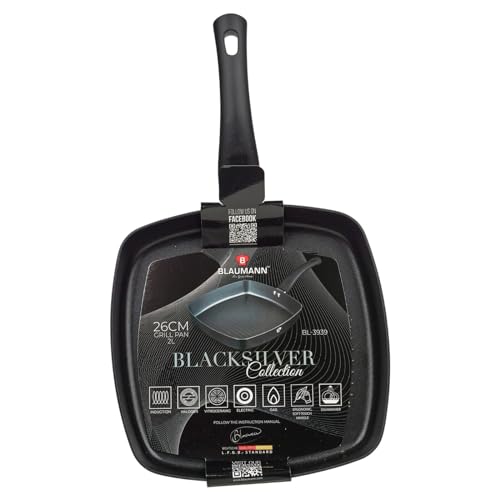 BLAUMANN Pentole per friggitura, padella, casseruola, casseruola, coperchio con manico morbido al tatto (nero opaco, 26 cm, griglia a costine – 2 l)