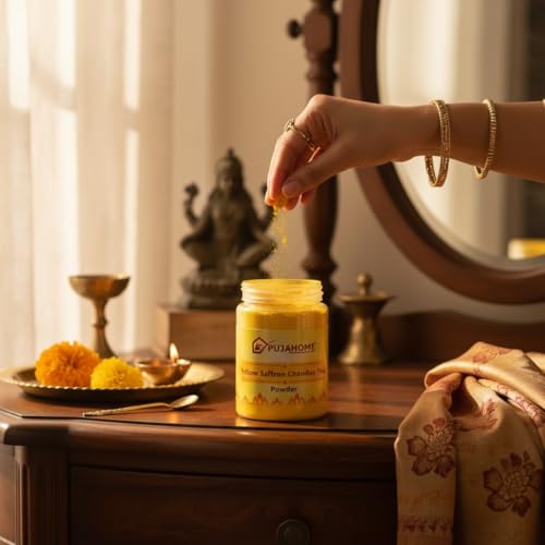 Image of Yellow Saffron Chandan Tika Powder - 100 Gram | Safe for Skin | Long-Lasting Fragrance | Ideal for Daily Pooja, Tilak Religious, Hawan Spiritual & Traditional Use