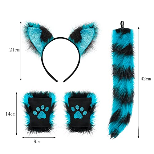 Fluffy Fox Cat Ears Headband Tail and Gloves Set Faux Fur Wolf Fox Cosplay Costume Animal Ears Headwear Long Tail Cat Paw Gloves Dress Up Kit for Halloween Role Play Fancy Dress Party Accessory - Image 4