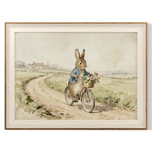 VIYYIEA Easter Wall Art Decor, Watercolor Bunny Rabbit on Bicycle