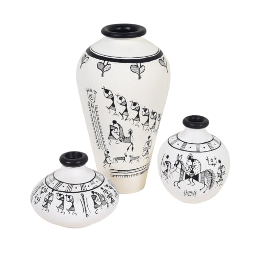 Image of Aakriti Art Creations Tribal Tales Terracotta Vase Set of 3 | Hand-Painted Warli Art White Flower Vases | Matte Finish Decorative Vases for Living Room, Table Decor & Gifting