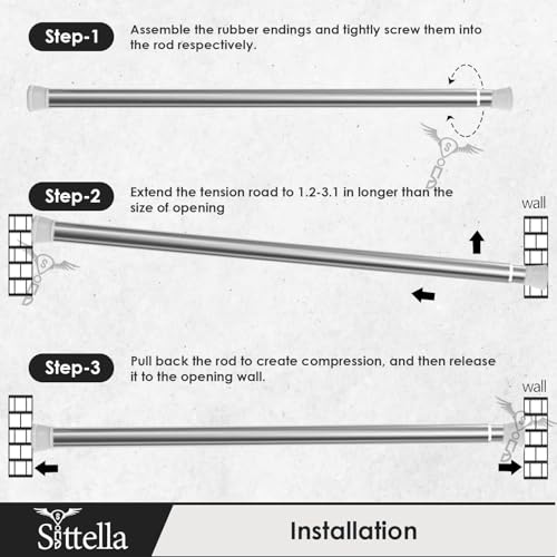 Image of SITTELLA Extendable Shower Curtain Tension Rod (155cm to 290cm) Non-Drilling Anti-Skid Spring Pull Rod - Stainless Steel, Silver-White Finish