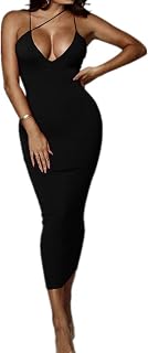 Women's Sexy Neon Asymmetrical Spaghetti Strap Dress Deep V-Neck Sleeveless Bodycon Midi Club Dress