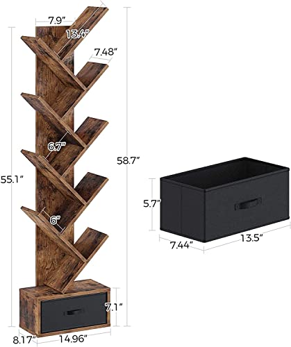 Rolanstar Bookshelf With Drawer, 9-Tier Tree Bookshelf, Wooden Bookshelves Storage Rack For Cds/Movies/Books, Rustic Brown Bookcase, Utility Organizer Shelves For Living Room, Bedroom, Home Office #TOP2