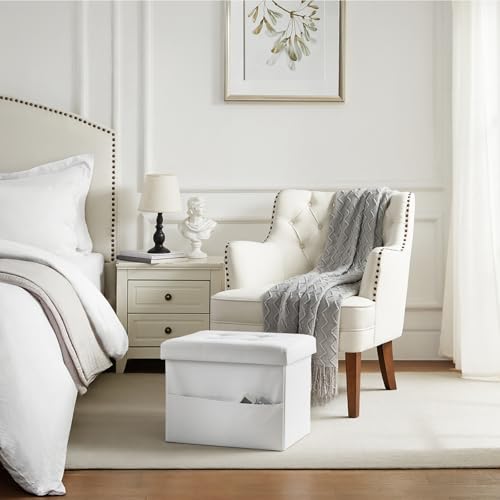 Image of Bsketa Storage Ottoman Bench,16 Inch Folding Leather Foot Rest Stool, White | Small Ottoman with Side Pockets, Thicker Foam Padded Seat, Livingroom, Dorm, Bedroom, Easy to install, 38L, 16x12x12in