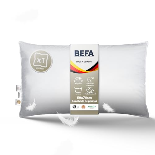 BEFA NATUR Almohada de Plumas 50x70 cm | 100% Plumas | 820g Peso de Relleno | Apta para alérgicos (NOMITE) | Certificación (DOWNPASS) | Oeko-Tex Clase 1