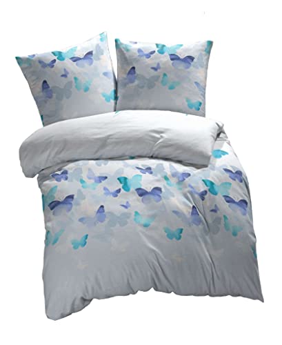 Bettwäsche Set 155x220cm Blau - 3D Blumen Schmetterlinge Microfaser Wendebettwäsche